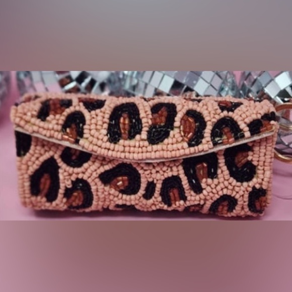Beaded Leopard Print Lipstick Case Key Chain Brown New